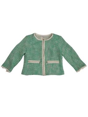 CAbi Womens Jacket Size 8 Green Cream Textured Cropped Zip Front Blazer Copy